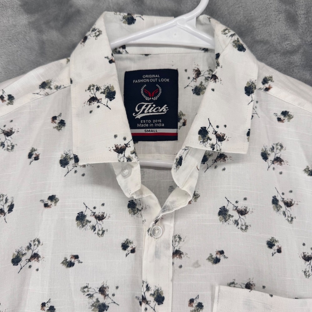 Flick Mens Short Sleeve Button Down Shirt White Floral Print Size Small